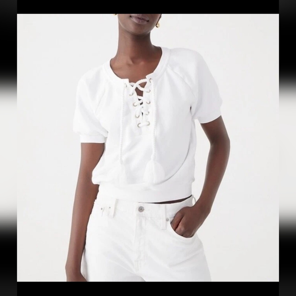 J CREW 100%cotton Women's White Lace Up  Short Sleeve Top Size S #0018